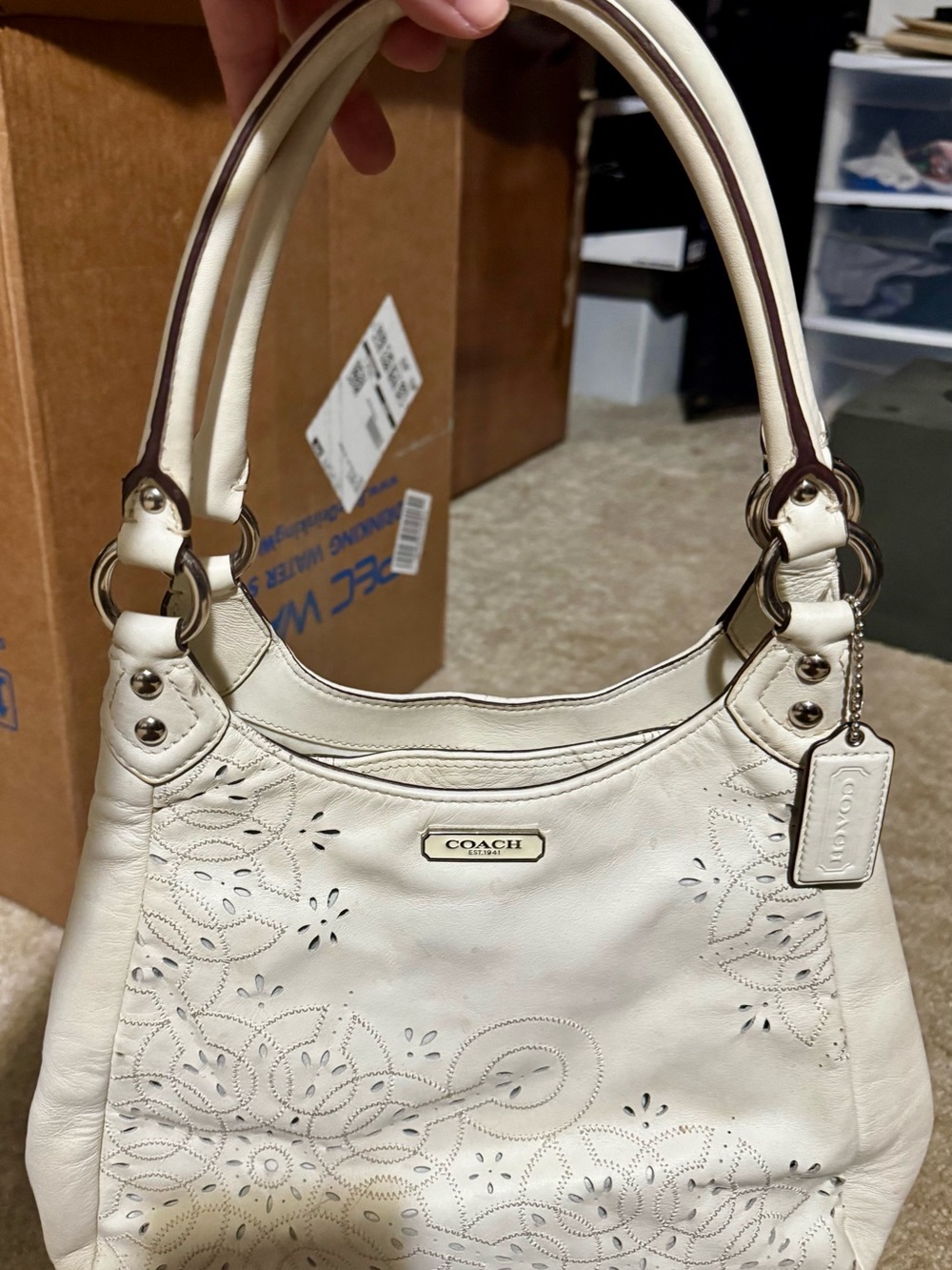 Coach Cream Leather Floral-Embossed Shoulder Tote